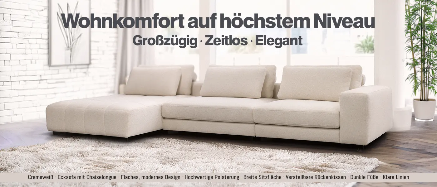 Cremefarbenes Ecksofa Bella Vista in hellem Wohnzimmer mit Chaiselongue und modernem Design.