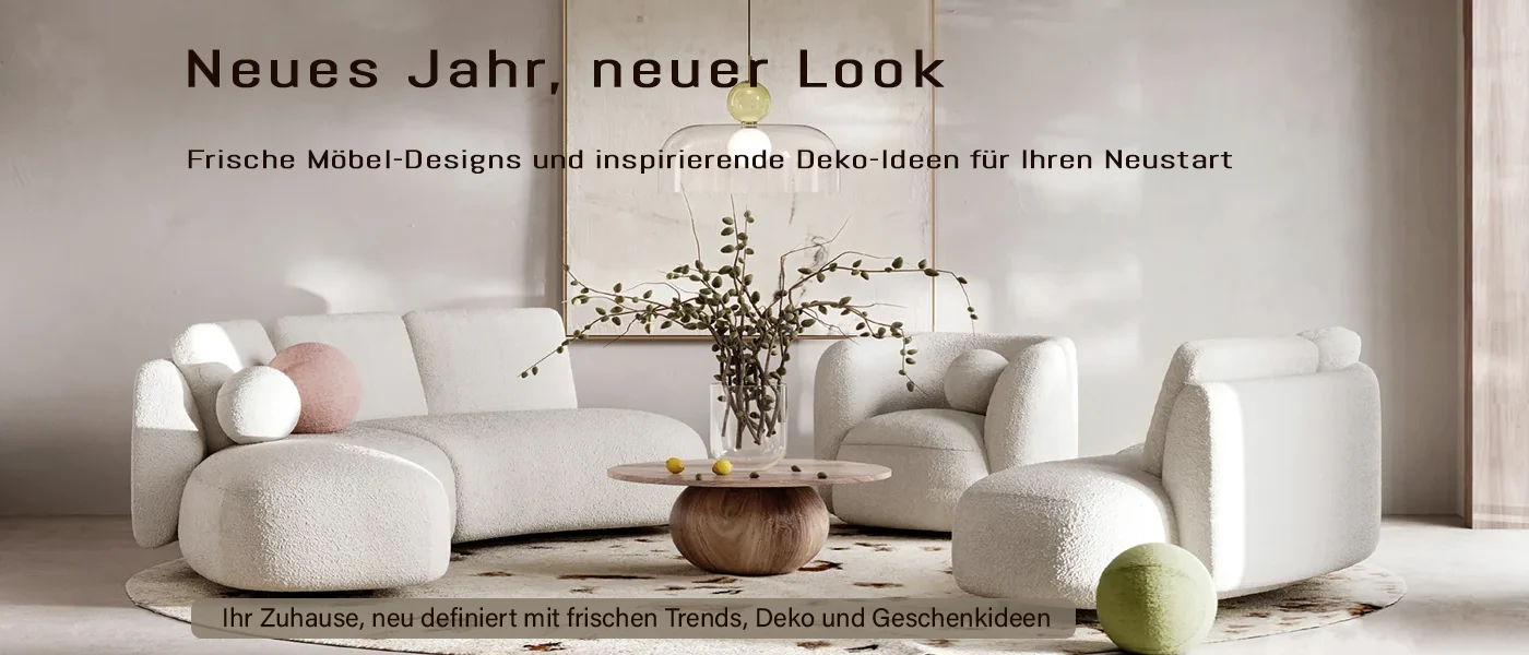 Stilvoll arrangierte Möbel und Geschenkideen in einer hellen, einladenden Wohnatmosphäre.