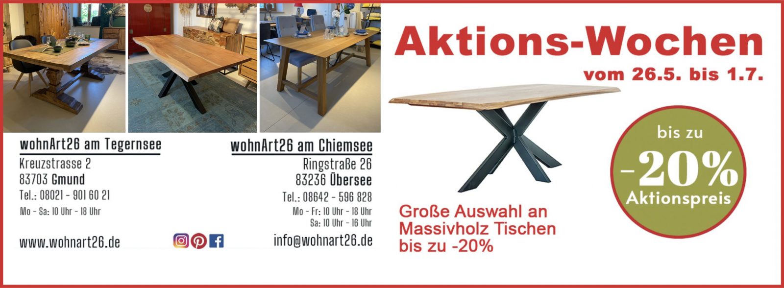 Tisch Aktions Wochen in der wohnArt26 in Übersee am Chiemsee und Gmund am Tegernsee