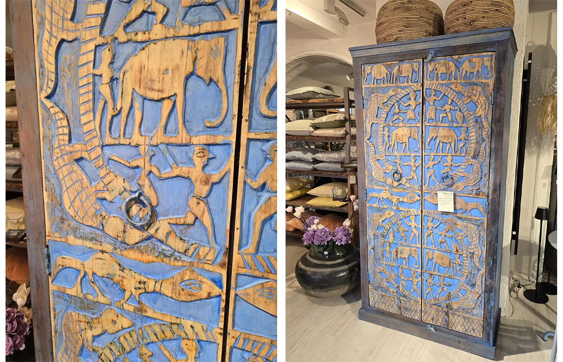 Blauer Schrank handgeschnitzt 02